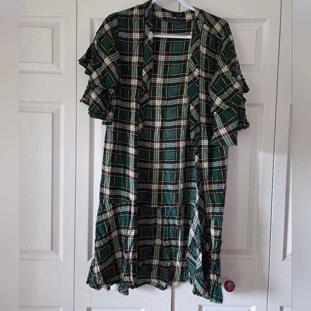 Unique Tartan Patterned Short Sleeve Maxi Cardigan